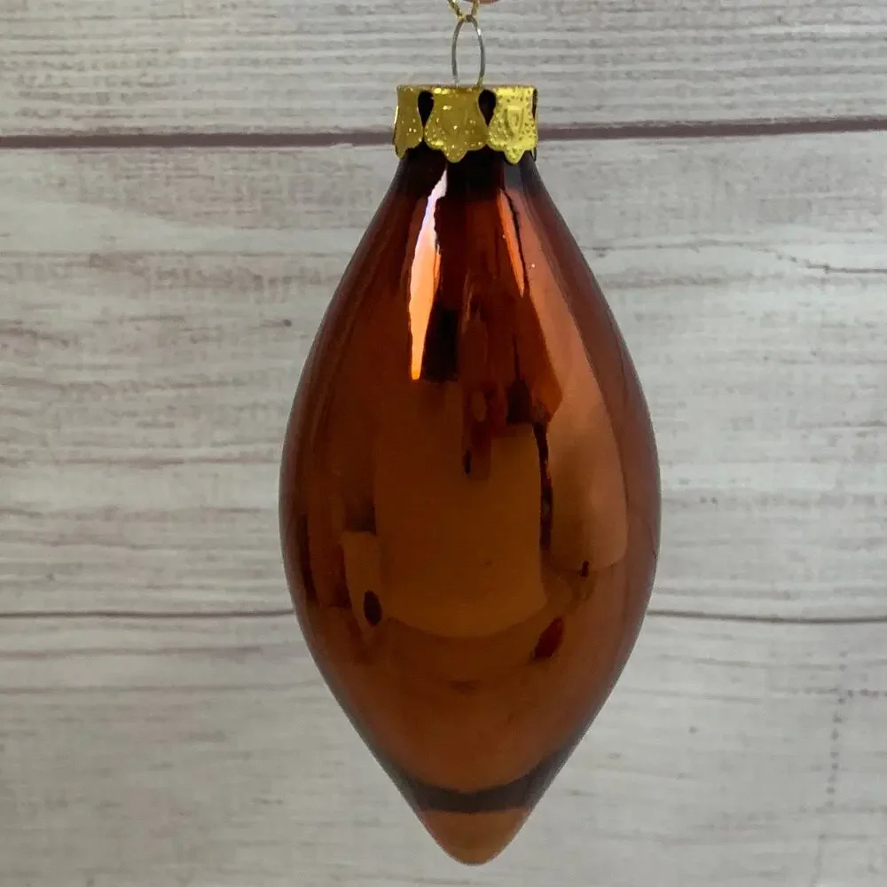 Vintage Glass Ornaments Set of 2 Brown Gold Drop Teardrop Christmas Tree